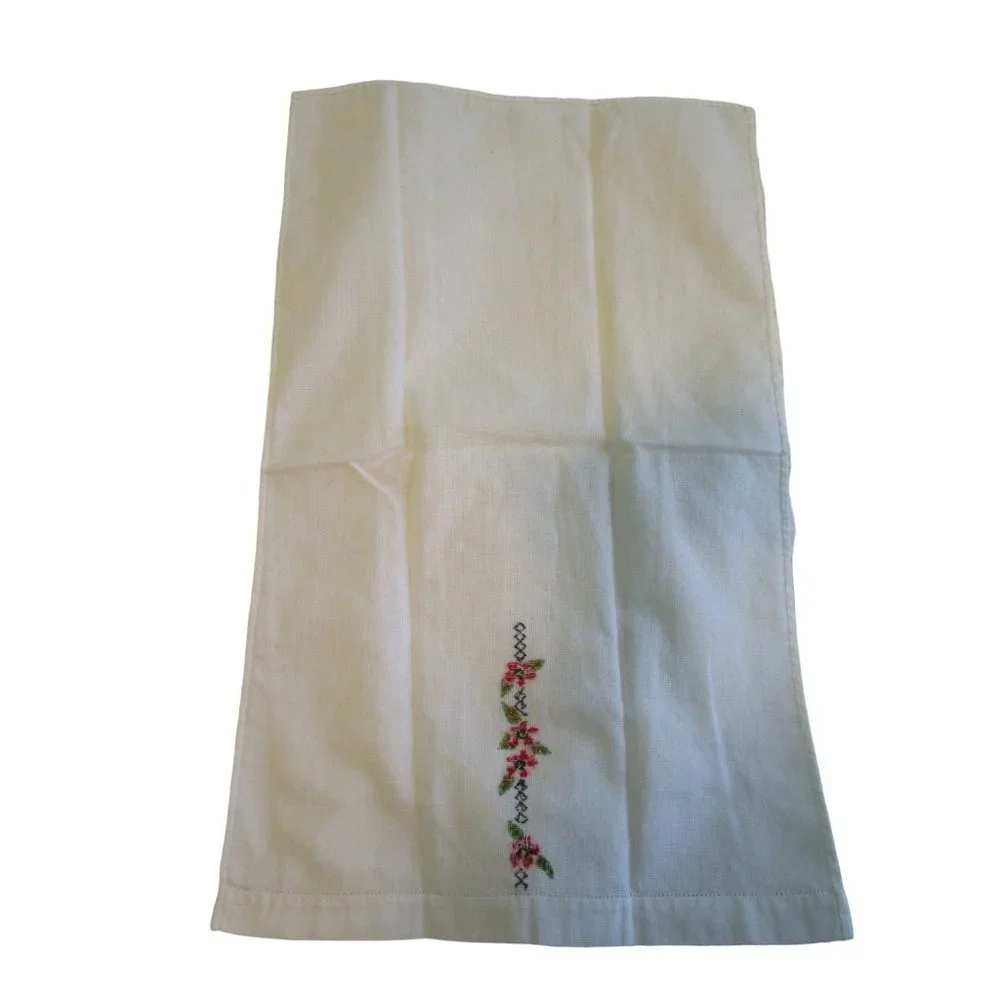 Vintage Hand Embroidered Guest Tea Hand Towels Pink Red Floral Minor Age Stains